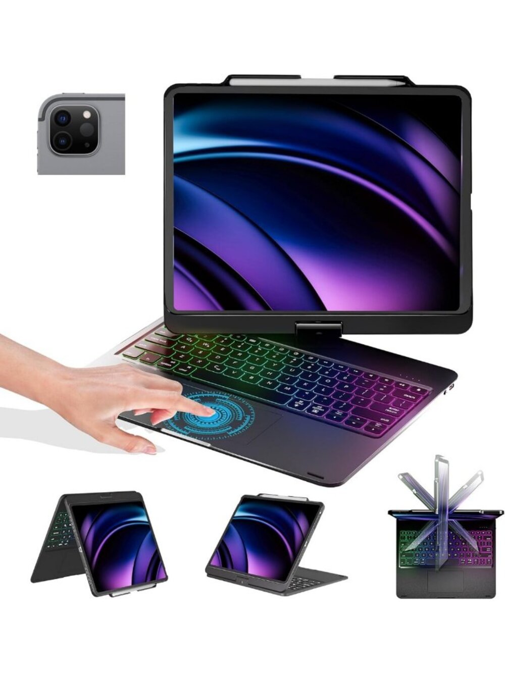 360° Rotatable Keyboard Case for iPad Air & Pro 12.9/13, Backlit, Touchpad